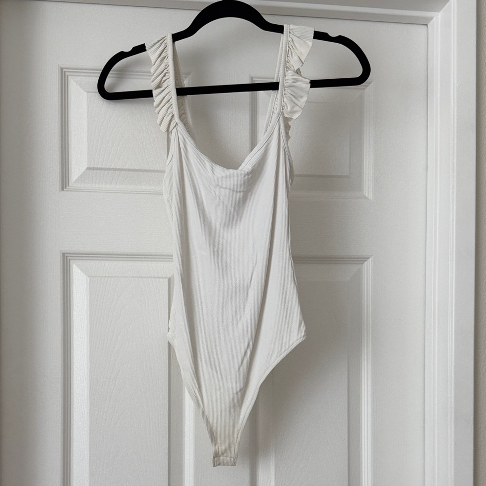 Zara Cream Ruffled Strap Ribbed Bodysuit